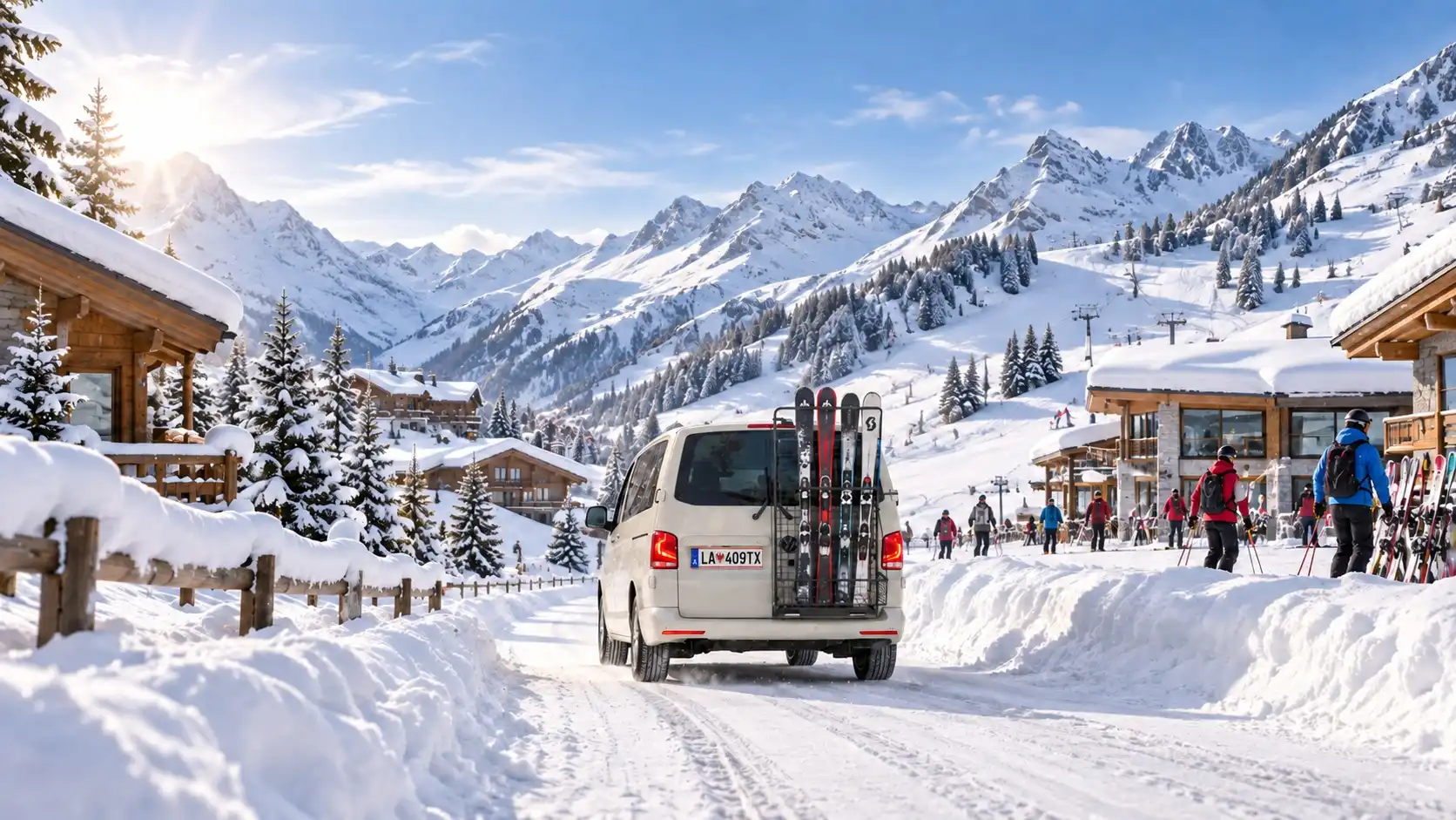 Taxi Anton: Allrad-Minibus mit Ski auf dem Heckträger in einem verschneiten Ort am Arlberg